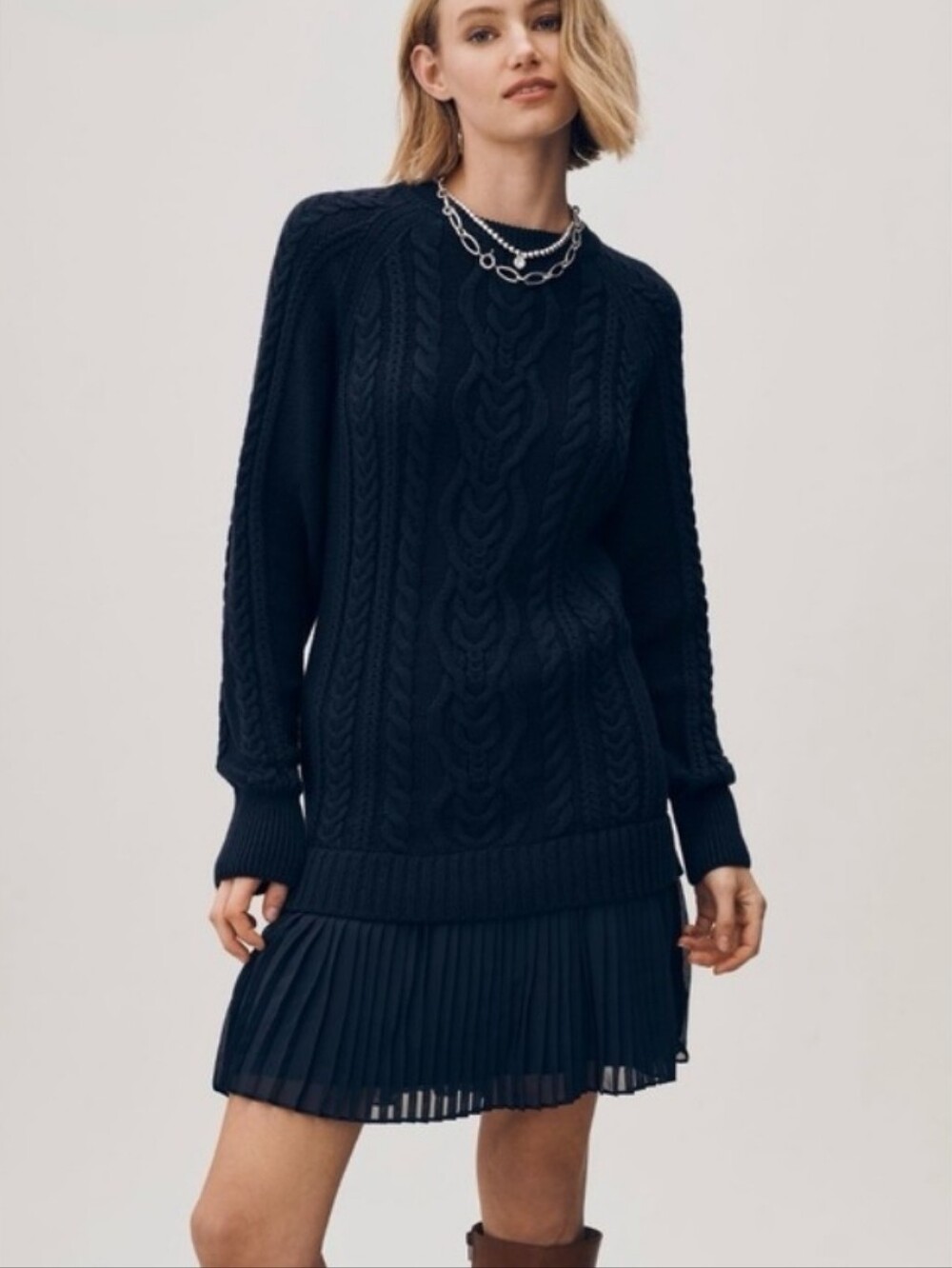 Anthropologie Delphine Twofer Crewneck Cable Knit Sweater Dress L